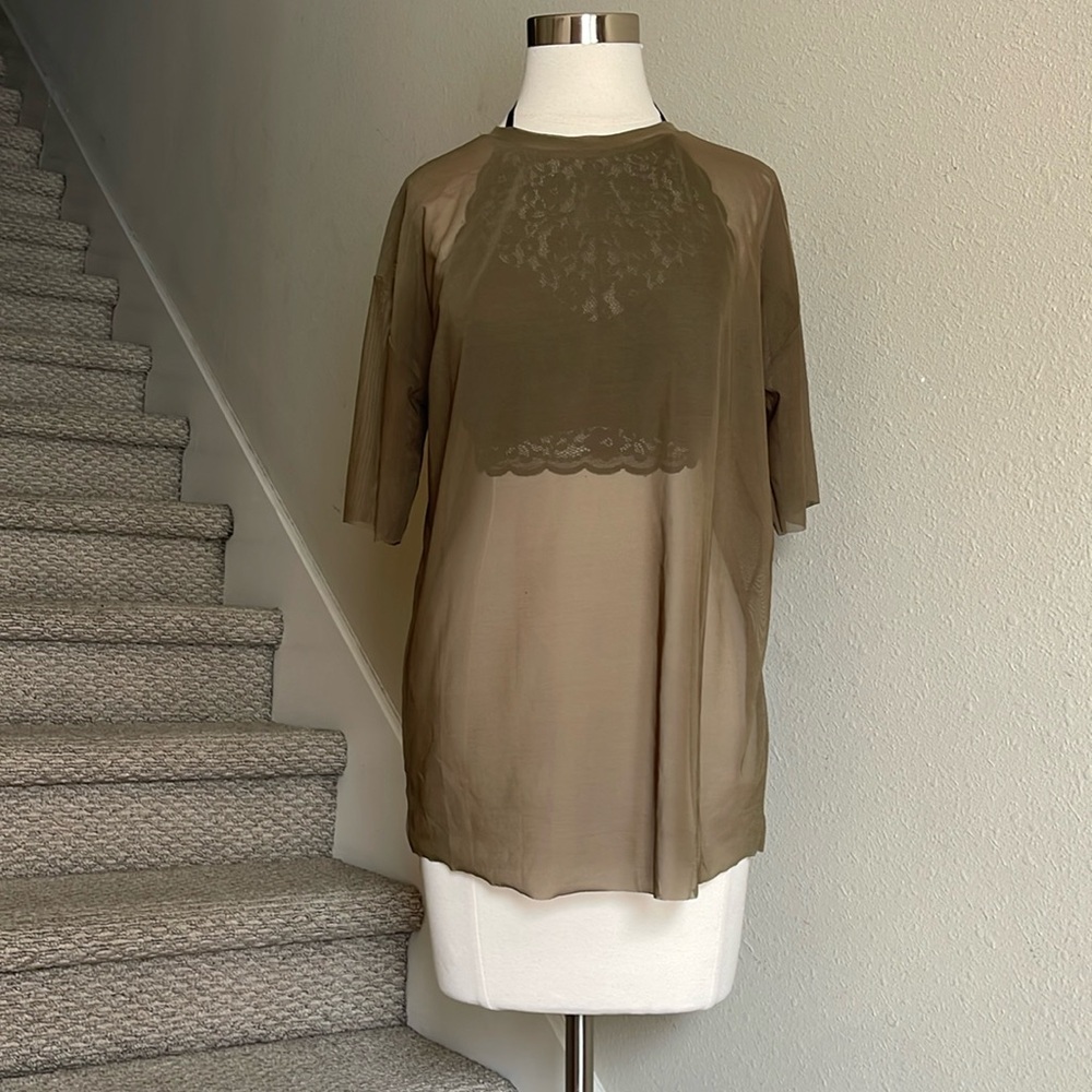 Zara Trafaluc Sz M Olive Sheer T-Shirt